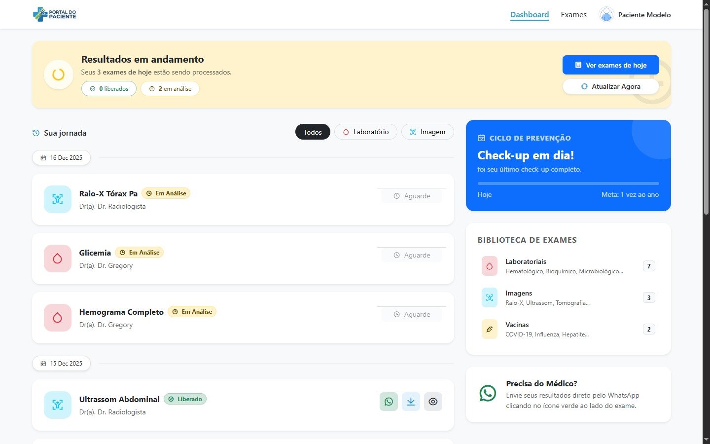 Dashboard do Paciente com resultados de exames